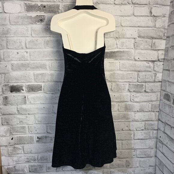 Vintage Y2K Black Crushed Velvet Babydoll Empire Waist Halter Dress - Picture 6 of 13